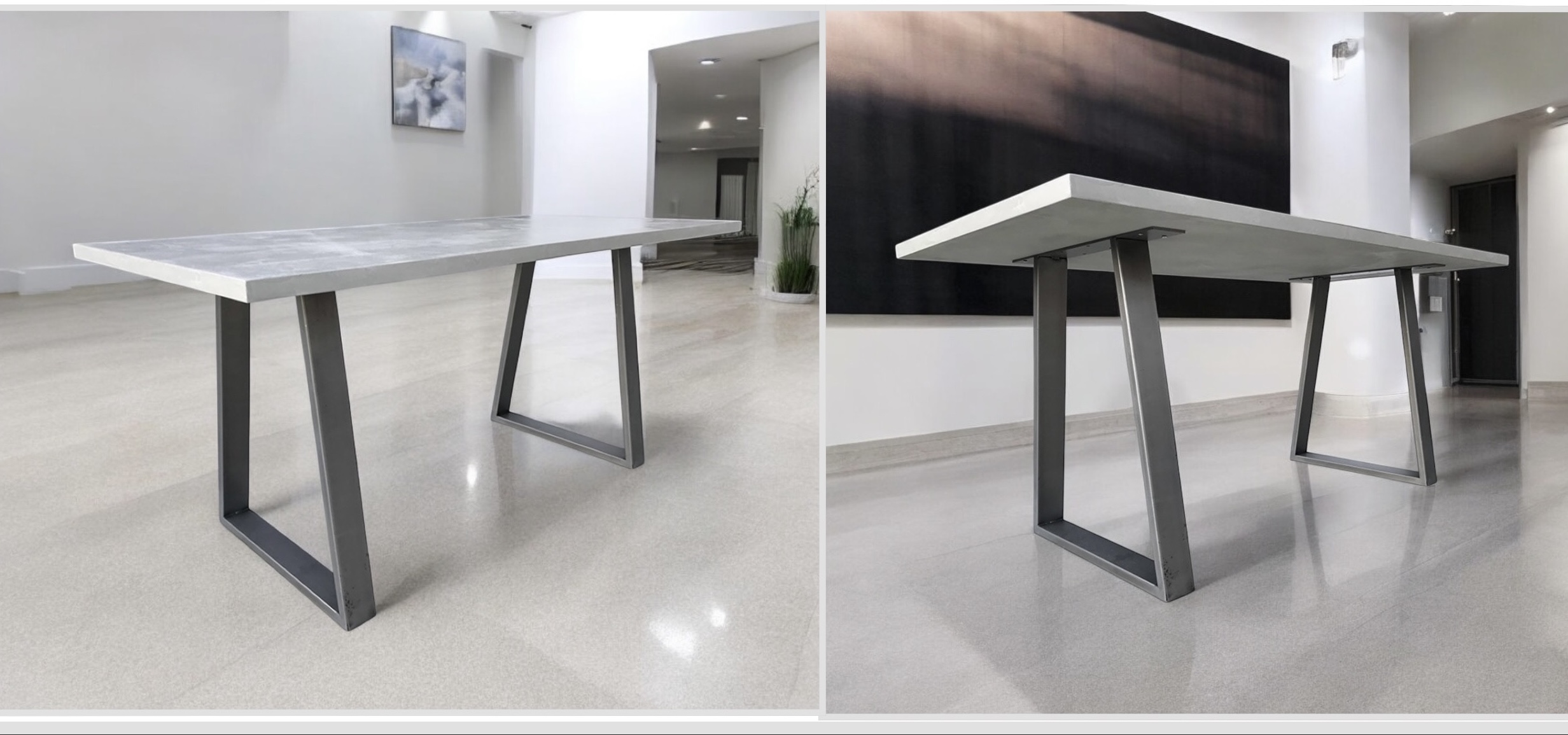 Table en béton ciré réalisée entièrement à la main et personnalisable.<br />
L’atelier Place est spécialisé dans la réalisation de mobilier d’intérieur sur mesure en béton ciré.